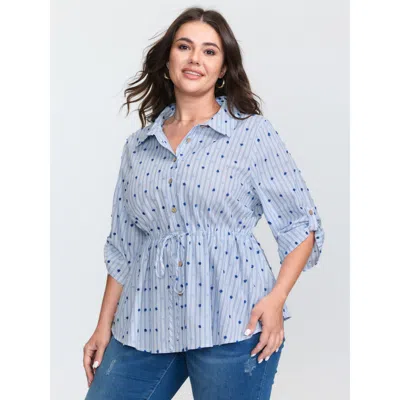 Bloomchic Women's Plus Size Cotton Striped Drawstring Waist Button-down Shirt Mediumblue Casual 3/4 Sleeve Col