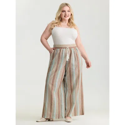 Bloomchic Women's Plus Size Cotton Striped Drawstring Wide Leg Pants Yellowishbrown Stripes Wide Leg Mid Rise 