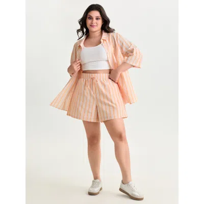 Bloomchic Women's Plus Size Cotton Striped Elastic Waist Drawstring Shorts Lightorange Casual Wide Leg Non Sho