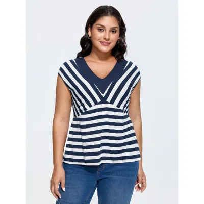 Bloomchic Women's Plus Size Cotton Striped Print Bustier V-neck T-shirt Indigo Stripes Elegant Short Sleeve V- In Purple