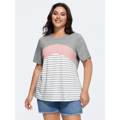 Bloomchic Women's Plus Size Cotton Striped Print Color Contrast T-shirt Mediumgray Stripes Casual Short Sleeve