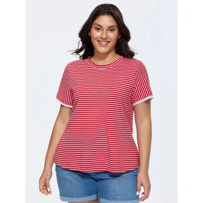 Bloomchic Women's Plus Size Cotton Striped Print Lace Crew Neckline T-shirt Brightred Stripes Casual Short Sle