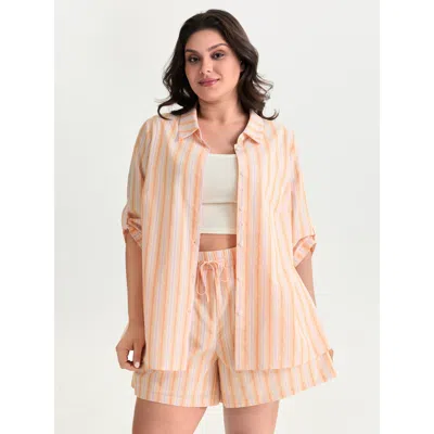Bloomchic Women's Plus Size Cotton Striped Print Open-front Shirt Lightorange Casual 3/4 Sleeve Collared Neck 