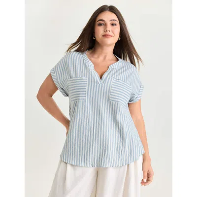 Bloomchic Women's Plus Size Cotton Striped Print Pockets Curvy Fit Blouse Lightblue Stripes Office Short Sleev In Blue