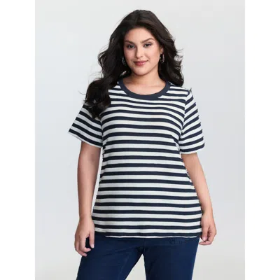 Bloomchic Women's Plus Size Cotton Striped Print Ribbed Round Neck T-shirt Indigo Stripes Casual Short Sleeve  In Purple