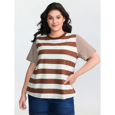 Bloomchic Women's Plus Size Cotton Striped Print Spliced Round Neck T-shirt Yellowishbrown Stripes Casual Shor