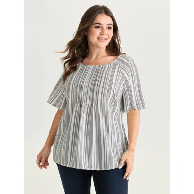 Bloomchic Women's Plus Size Cotton Striped Print Textured Flared Sleeve Blouse Whitesmoke Stripes Casual Short