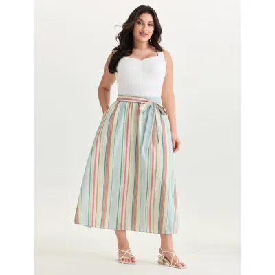 Bloomchic Women's Plus Size Cotton Striped Print Waist-tie Maxi Skirt Multicolor Lace-up A-line Casual 12/l
