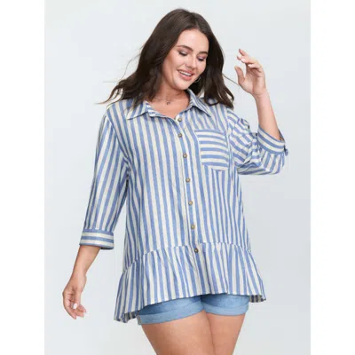 Bloomchic Women's Plus Size Cotton Striped Ruffled Hem Button-down Top Darkblue Casual 3/4 Sleeve 18-20/2x In Blue
