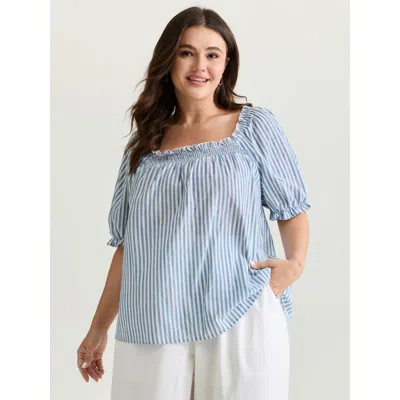 Bloomchic Women's Plus Size Cotton Striped Shirred Bust-friendly Neckline Blouse Cerulean Stripes Casual Short In Blue