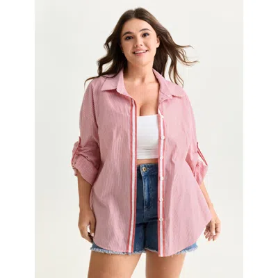 Bloomchic Women's Plus Size Cotton Striped Tab Sleeve Button-down Shirt Raspberry Casual Long Sleeve Collared  In Pink