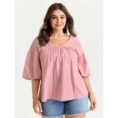 Bloomchic Women's Plus Size Cotton Striped V-neck Bubble Sleeve Blouse Watermelon Solid Casual 3/4 Sleeve V-ne In Green