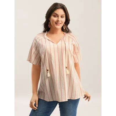 Bloomchic Women's Plus Size Cotton Stripes Print Neck Tassels Flowy Blouse Salmon Stripes Vacation Short Sleev In Pink