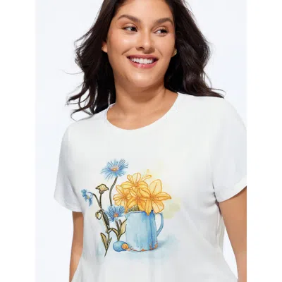 Bloomchic Women's Plus Size Cotton Sunkissed Embroidered T-shirt Originalwhite Solid Casual Short Sleeve Round