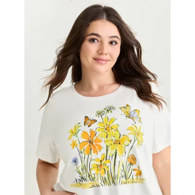 Bloomchic Women's Plus Size Cotton Sunkissed Floral Print T-shirt Whitesmoke Solid Casual Short Sleeve Round N