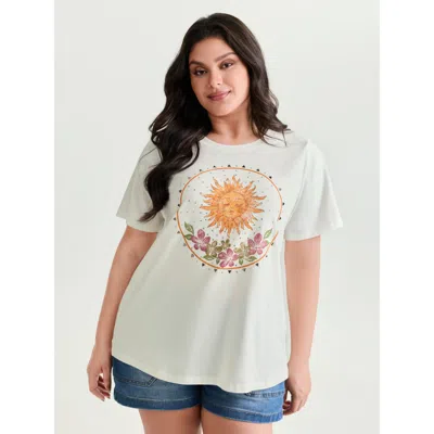 Bloomchic Women's Plus Size Cotton Sunshine Floral Print Rhinestone T-shirt Whitesmoke Casual Short Sleeve Rou