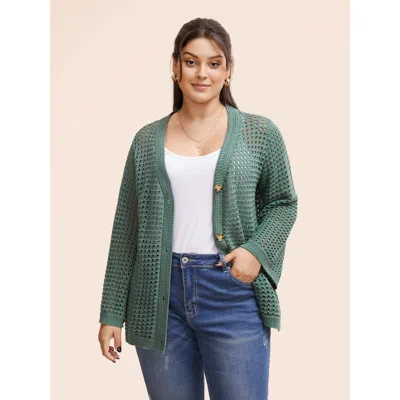 Bloomchic Women's Plus Size Cotton Texture Cut Out Bell Sleeve Cardigan Greenbean Long Sleeve 30/6x