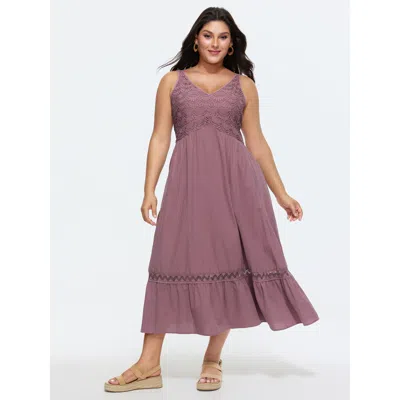 Bloomchic Women's Plus Size Cotton Textured Bodice Lace Trim Flowy Maxi Dress Mauve Solid Maxi Vacation Patchw In Purple