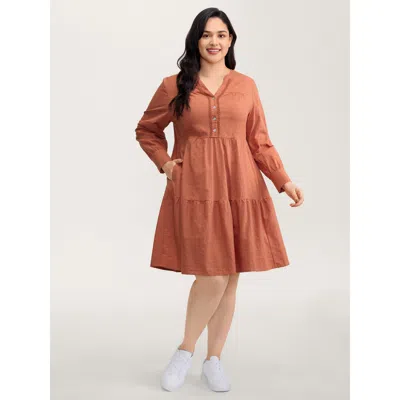 Bloomchic Women's Plus Size Cotton Textured Button Tiered Knee Dress Brightorange Non Short Casual Woven Ribbo