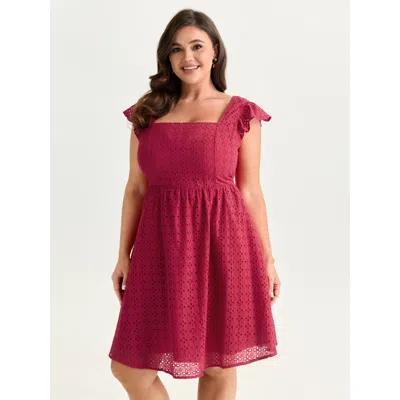 Bloomchic Women's Plus Size Cotton Textured Flutter Sleeve Mini Dress Brightred Else Midi Elegant Smocked 10/m