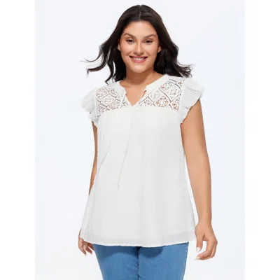 Bloomchic Women's Plus Size Cotton Textured Neckline Flutter Sleeve Blouse Opticwhite Solid Casual Cap Sleeve  In White