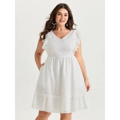 Bloomchic Women's Plus Size Cotton Textured Ruffled Sleeve V-neck Mini Dress Opticwhite Geometric Midi Vacatio In White