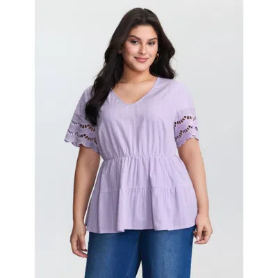 Bloomchic Women's Plus Size Cotton Textured Tiered Blouse Lilac Non Casual Short Sleeve 10/m In Purple