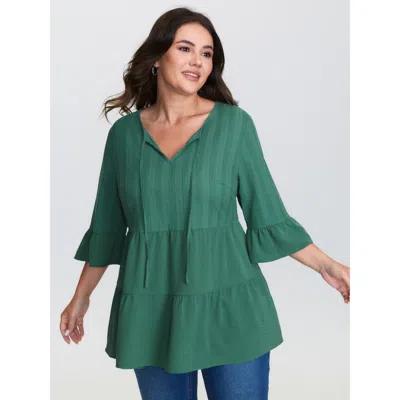Bloomchic Women's Plus Size Cotton Textured Tiered Neck-tie Blouse Emerald Solid Casual 3/4 Sleeve V-notch Nec In Green