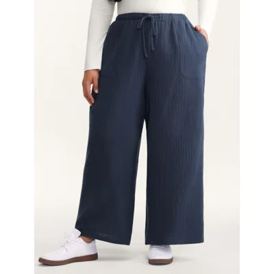 Bloomchic Women's Plus Size Cotton Textured Waist Drawstring Straight-leg Pants Indigo Non Wide Leg Mid Rise C In Purple