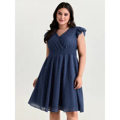 Bloomchic Women's Plus Size Cotton Textured Wrap Neckline Layered Sleeve Mini Dress Darkblue Else Maxi Elegant In Blue