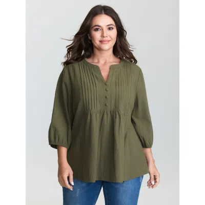 Bloomchic Women's Plus Size Cotton Toothpick Pleat Notched Collar Blouse Armygreen Solid Casual 3/4 Sleeve V-n
