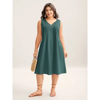 Bloomchic Women's Plus Size Cotton Toothpick Pleat Plain Midi Dress Aegean Solid Midi Vacation Lace-up 12/l In Blue