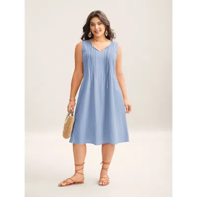 Bloomchic Women's Plus Size Cotton Toothpick Pleat Plain Midi Dress Lightblue Solid Midi Vacation Lace-up 12/l In Blue
