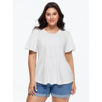 Bloomchic Women's Plus Size Cotton Toothpick Pleated Plain Flared Sleeve T-shirt Whitesmoke Solid Casual Short