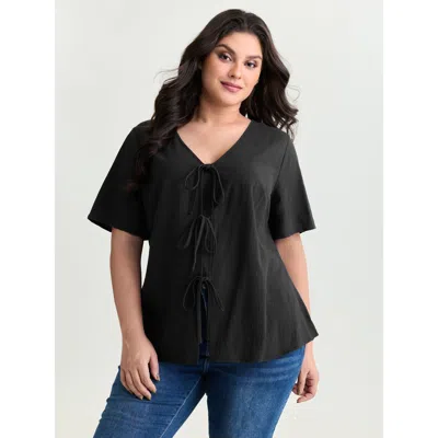 Bloomchic Women's Plus Size Cotton Triple Bow-tie Front Plain Shirt Pureblack Casual Short Sleeve 18-20/2x