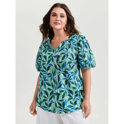 Bloomchic Women's Plus Size Cotton Tropical Leaf Print Irregular Sleeve Blouse Multicolor Tropical Vacation Ha