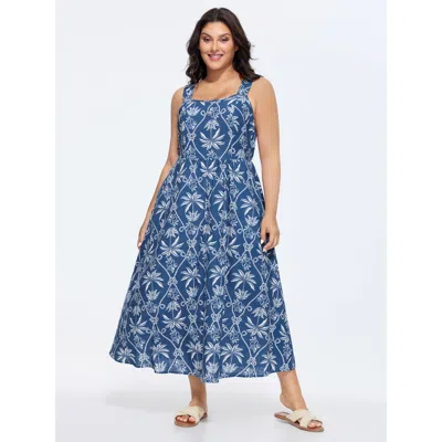 Bloomchic Women's Plus Size Cotton Tropical Print Wide Straps Flowy Maxi Dress Mediumblue Palm Maxi Vacation N