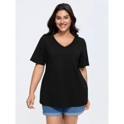 Bloomchic Women's Plus Size Cotton V Neck Plain Basic T-shirt Black Solid Casual Half Sleeve V-neck 12/l