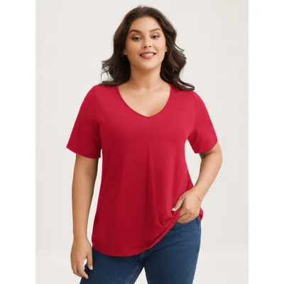 Bloomchic Women's Plus Size Cotton V Neck Plain Basic T-shirt Crimson Solid Casual Half Sleeve V-neck 10/m In Red