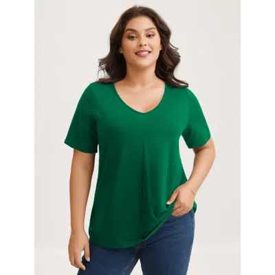 Bloomchic Women's Plus Size Cotton V Neck Plain Basic T-shirt Emerald Solid Casual Half Sleeve V-neck 10/m In Green