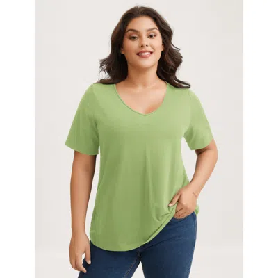 Bloomchic Women's Plus Size Cotton V Neck Plain Basic T-shirt Greenbean Solid Casual Half Sleeve V-neck 18-20/