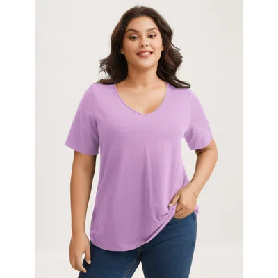 Bloomchic Women's Plus Size Cotton V Neck Plain Basic T-shirt Lilac Solid Casual Half Sleeve V-neck 10/m In Purple