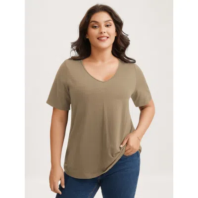 Bloomchic Women's Plus Size Cotton V Neck Plain Basic T-shirt Tan Solid Casual Half Sleeve V-neck 18-20/2x In Brown