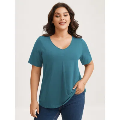 Bloomchic Women's Plus Size Cotton V Neck Plain Basic T-shirt Teal Solid Casual Half Sleeve V-neck 22-24/3x In Blue