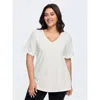 Bloomchic Women's Plus Size Cotton V Neck Plain Basic T-shirt White Solid Casual Half Sleeve V-neck 10/m In White