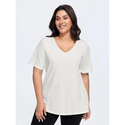 Bloomchic Women's Plus Size Cotton V Neck Plain Basic T-shirt White Solid Casual Half Sleeve V-neck 10/m
