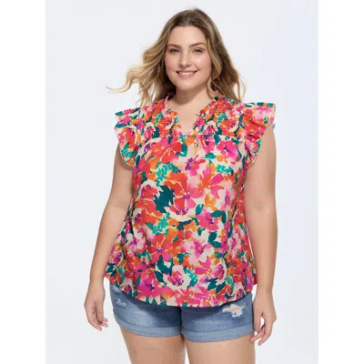 Bloomchic Women's Plus Size Cotton Vibrant Floral Print Flutter Sleeve Blouse Peach Ditsy Floral Vacation Cap  In Orange