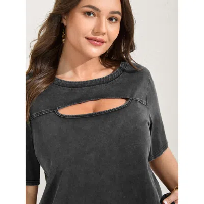 Bloomchic Women's Plus Size Cotton Vintage Wash Neck Cut-out T-shirt Acidwashblack Solid Vacation Short Sleeve