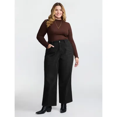 Bloomchic Women's Plus Size Cotton Vintage Wash Stretchy Boyfriend Jeans Acidwashblack Woven Ribbon&lace Trim 
