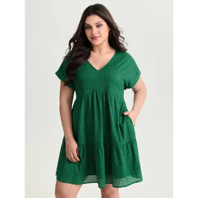 Bloomchic Women's Plus Size Cotton V-neck Tiered Mini Dress Emerald Non Short Casual Texture 12/l In Green